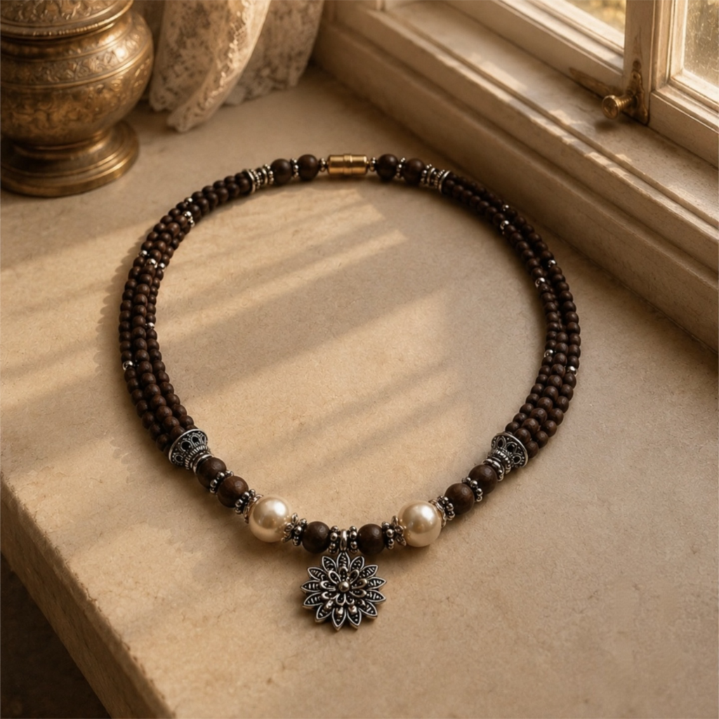 Multi-stranded Tulasi Mala with Lotus pendant