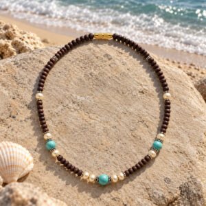 1-layer Tulasi Mala with Turquoise & Off-white pearls