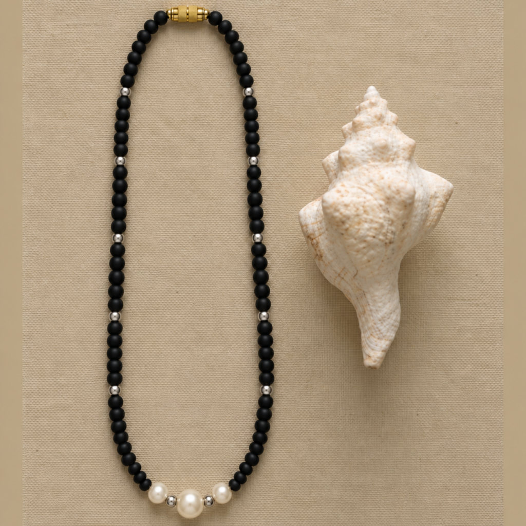 1-layer Tulasi Mala with trio White Pearls