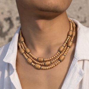 3-layer Tulasi Mala with Tan Round and Carved beads