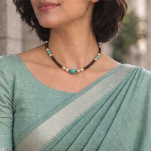 1-layer Tulasi Mala with Turquoise & Off-white pearls