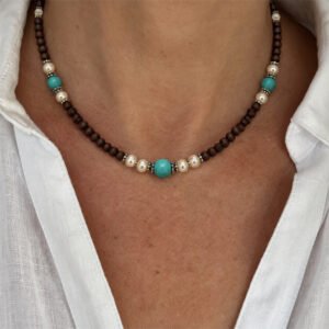 1-layer Tulasi Mala with Turquoise & Off-white pearls