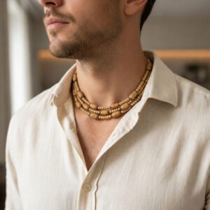 3-layer Tulasi Mala with Tan Round and Carved beads