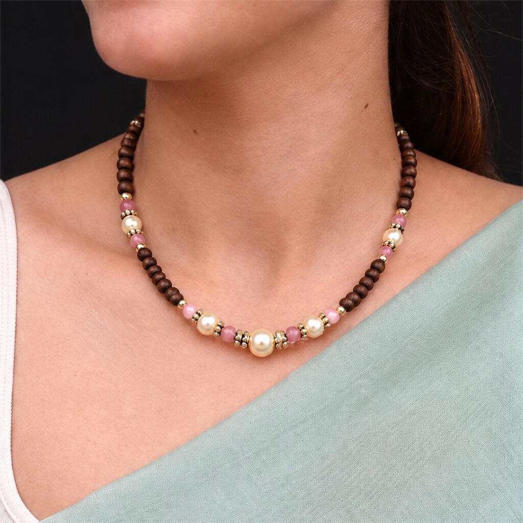 1-layer Tulasi Mala with Pink & Creamy pearls