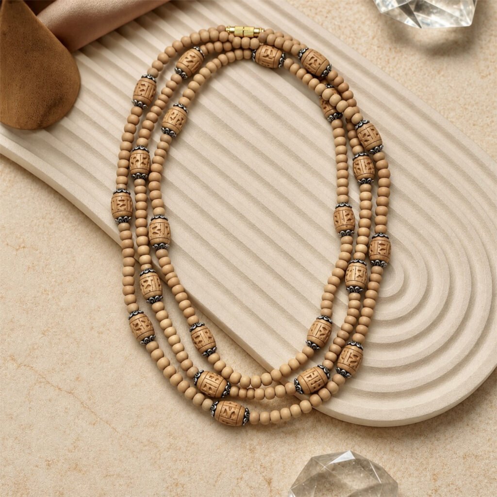 3-layer Tulasi Mala with Tan Round and Carved beads