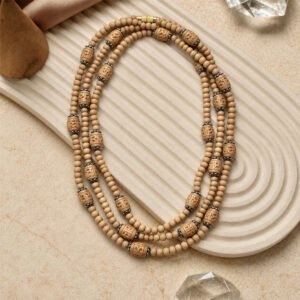 3-layer Tulasi Mala with Tan Round and Carved beads